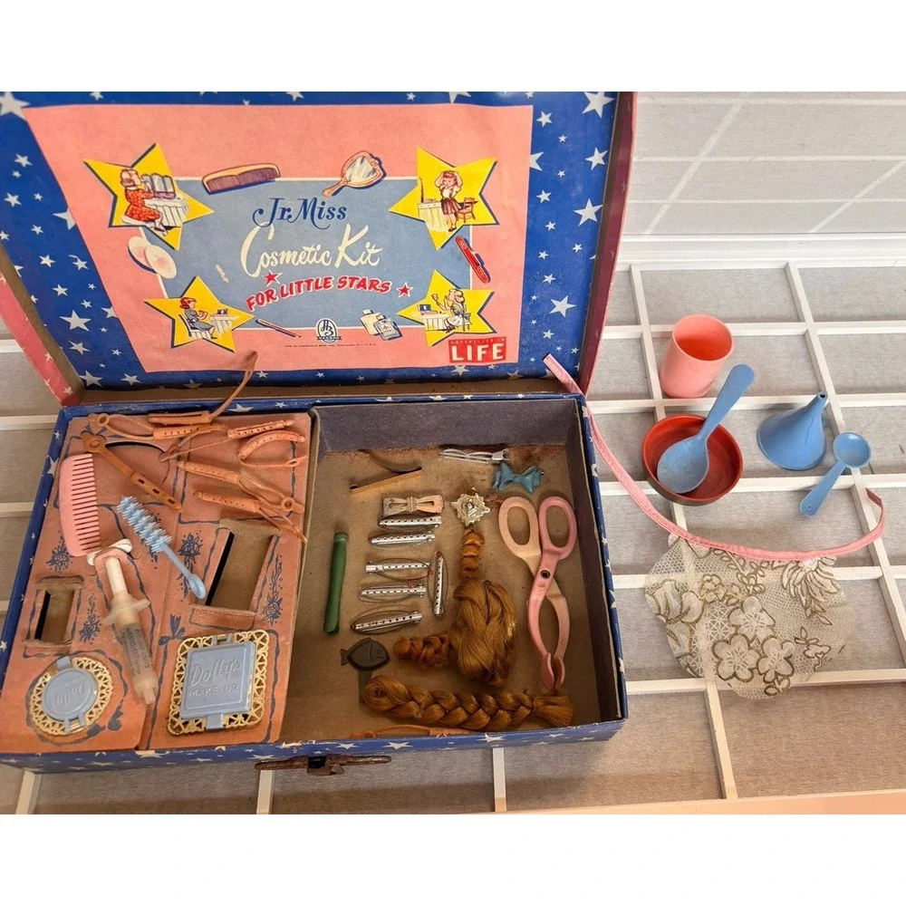 Vintage 1950s Hasbro Jr Miss Cosmetic Kit Box Toy Makeup Doll Hair Curlers Lot